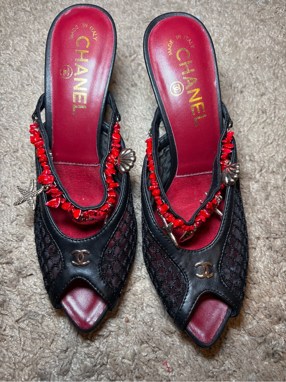 Chanel Coco Beach Mesh Charm Mules Embellished Peep Toe Heels in Black & Red